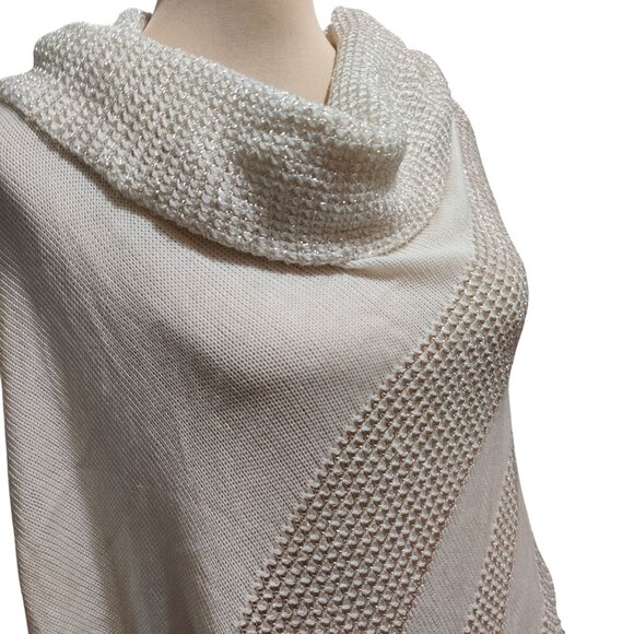 Belldini S M Ivory Metallic Knit Asymmetrical Poncho Sweater Cowl Neck Pullover - Picture 11 of 11